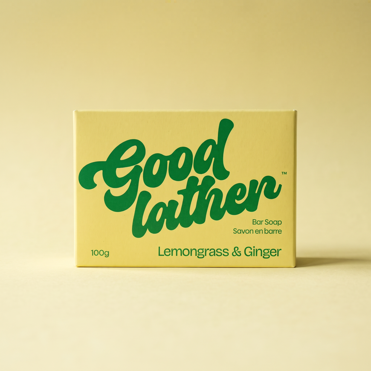 Goodlather Lemongrass & Ginger bar soap, 100g travel size box, front