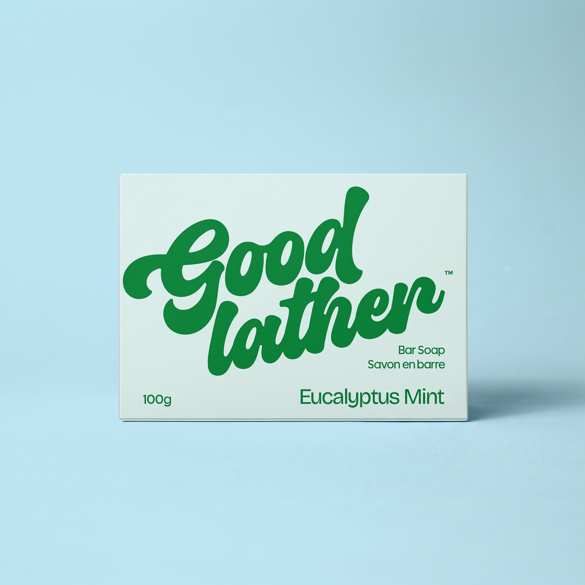 Goodlather Eucalyptus Mint bar soap, 100g travel size box, front