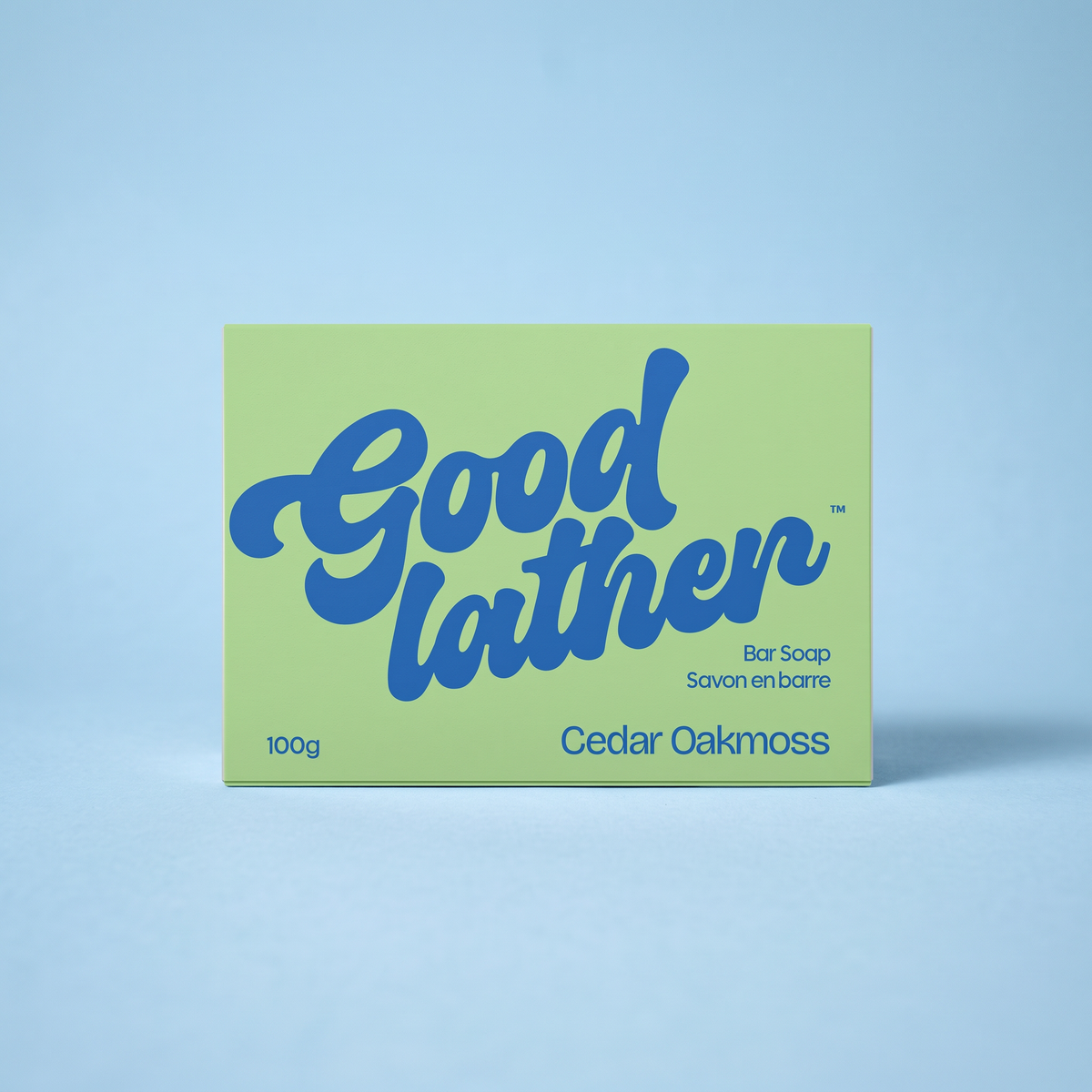 Goodlather Cedar Oakmoss bar soap, 100g travel size box, front