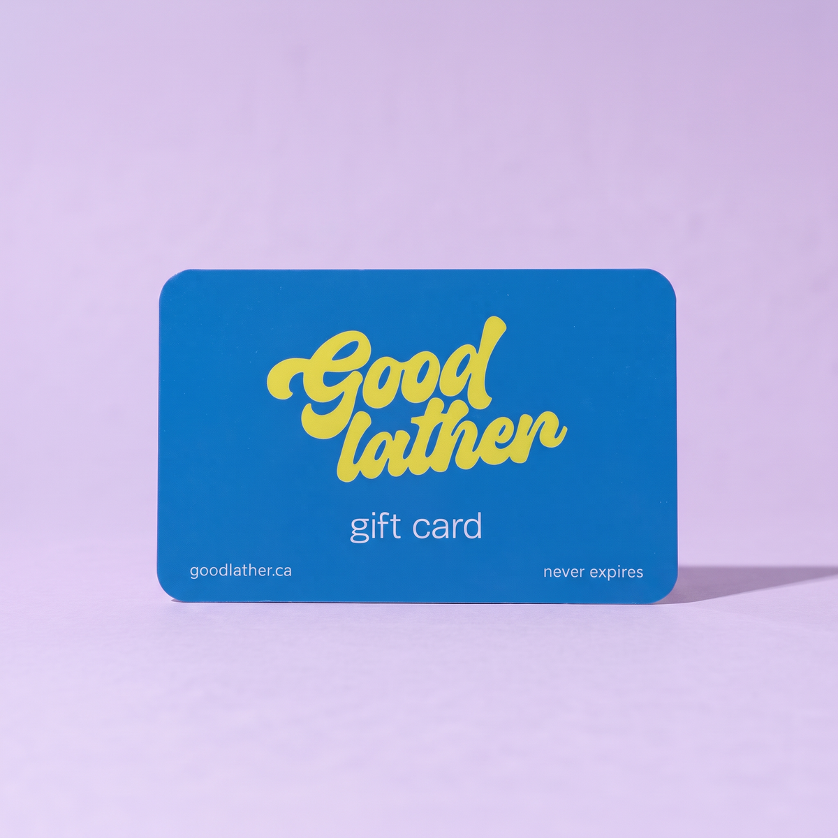 Goodlather gift card standing upright, front view, studio product photo