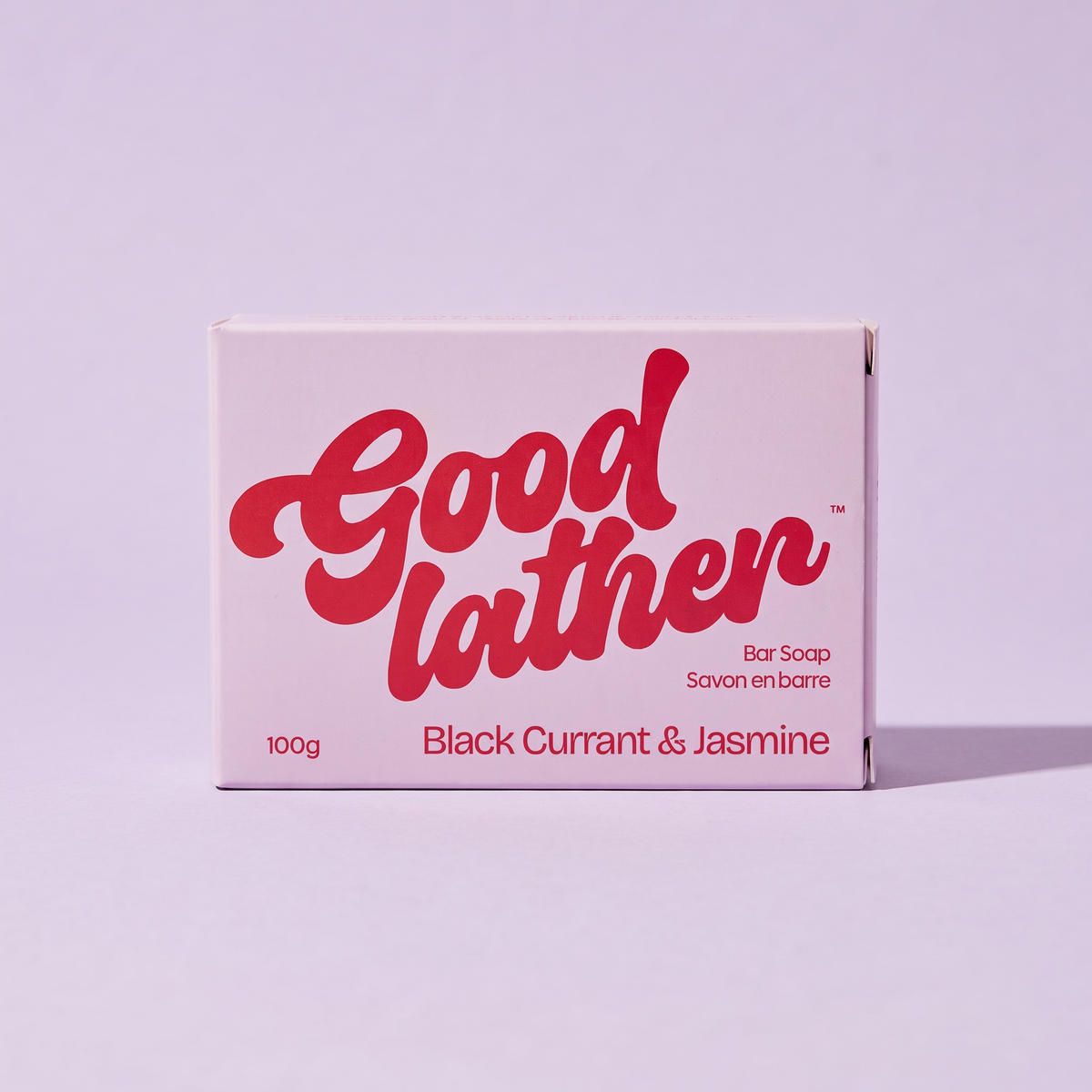 Goodlather Black Currant + Jasmine bar soap, 100g travel size box, front
