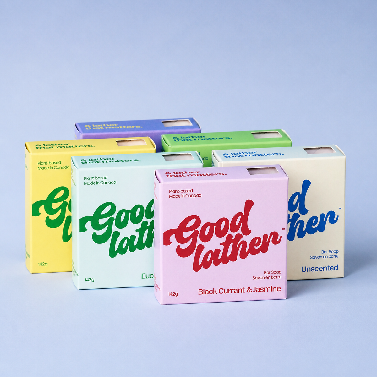 Goodlather The Full Lineup, all six bar soap boxes grouped together