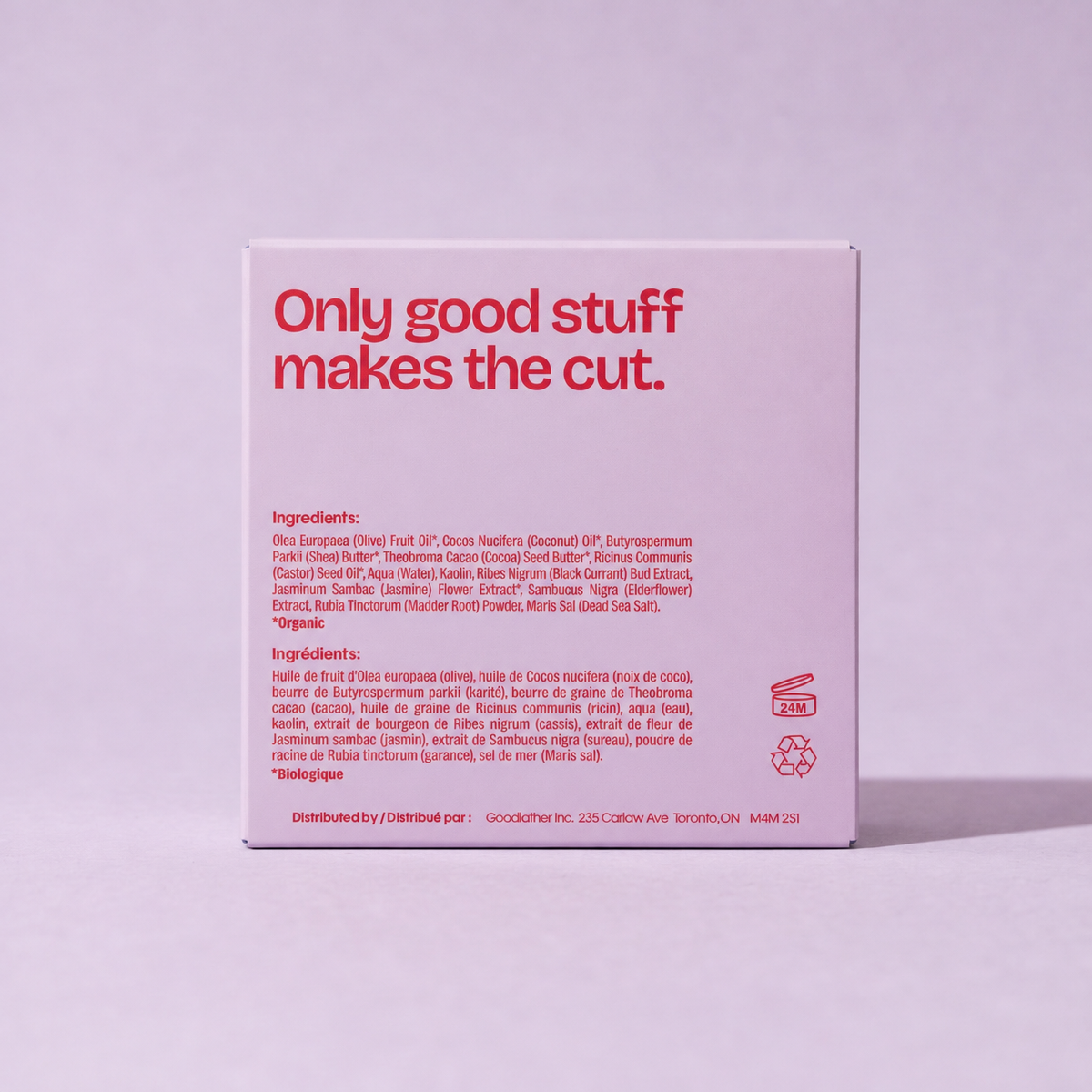 Goodlather Black Currant + Jasmine bar soap, 142g box, back with ingredients