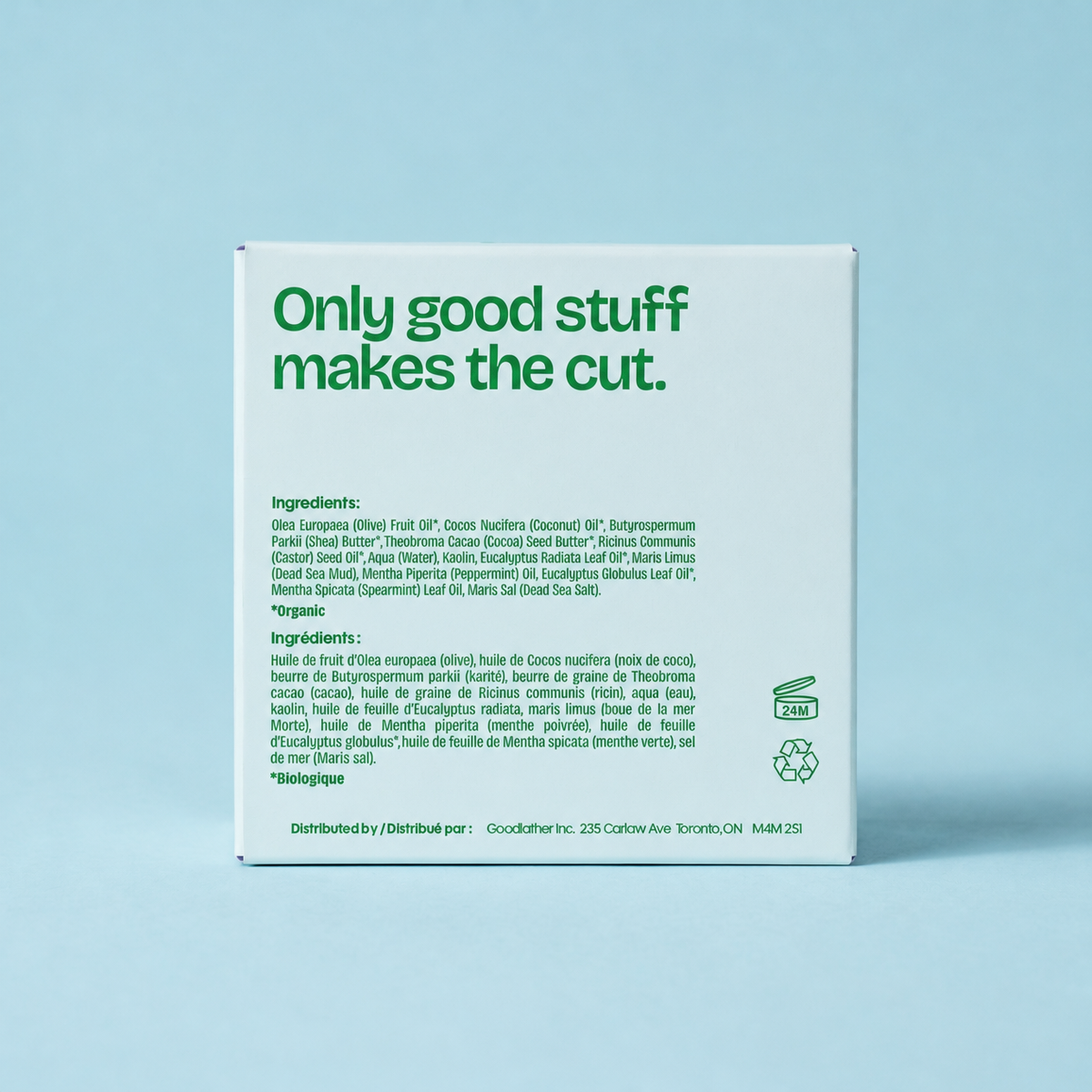 Goodlather Eucalyptus Mint bar soap, 142g box, back with ingredients