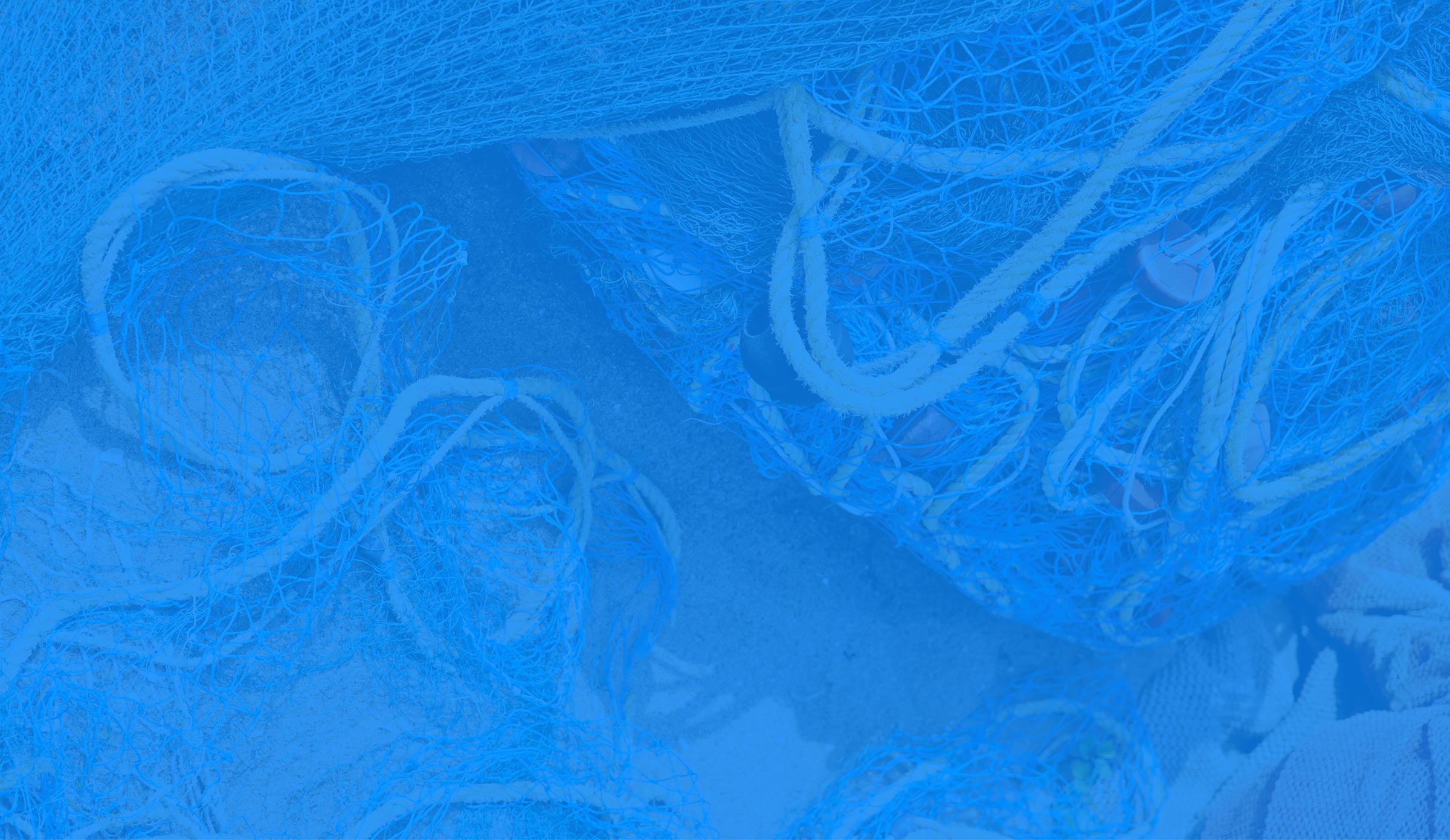 A close-up view of tangled fishing nets and ropes, creating a textured pattern. The entire image has a blue color overlay, highlighting maritime recycling and thinking of our future.