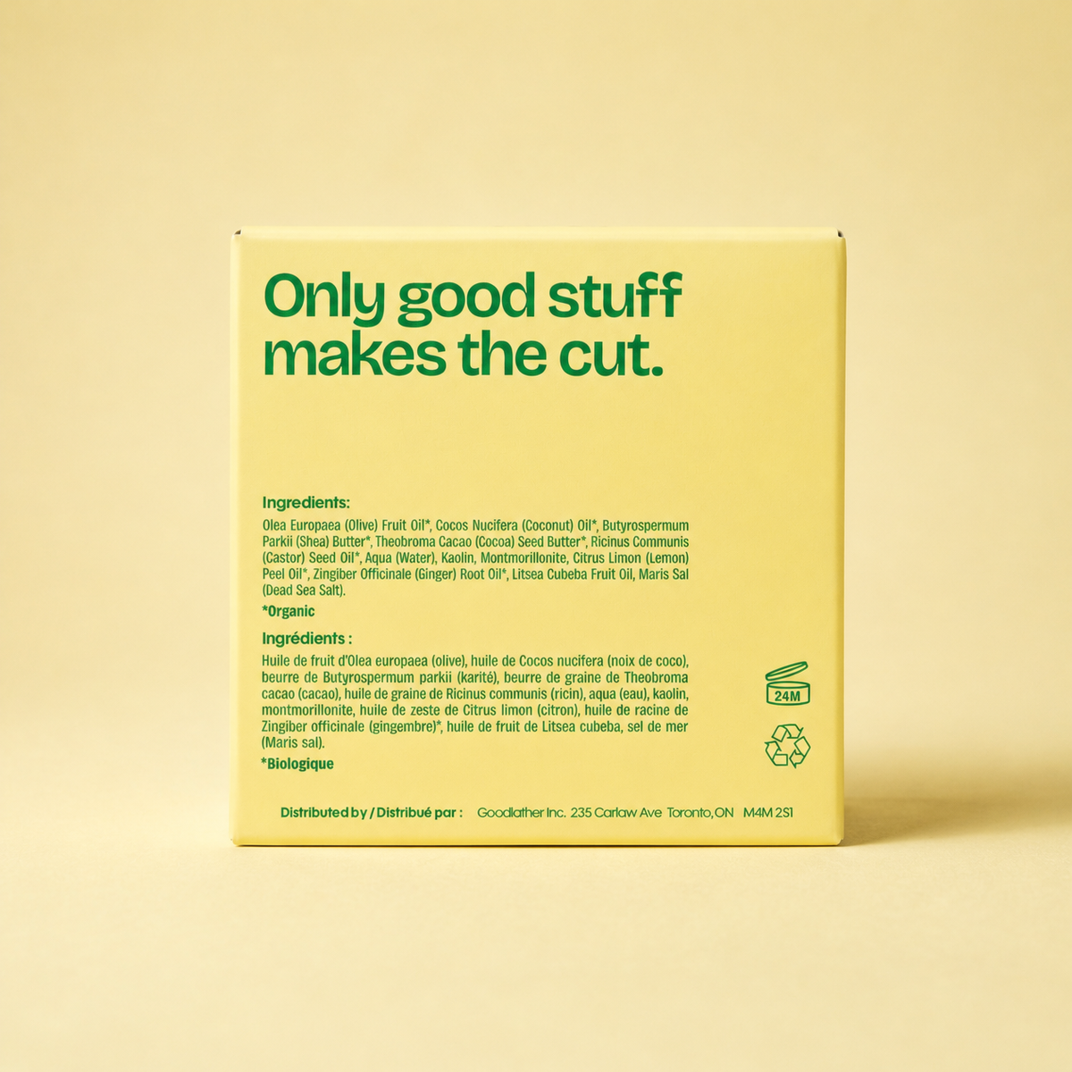 Goodlather Lemongrass & Ginger bar soap, 142g box, back with ingredients